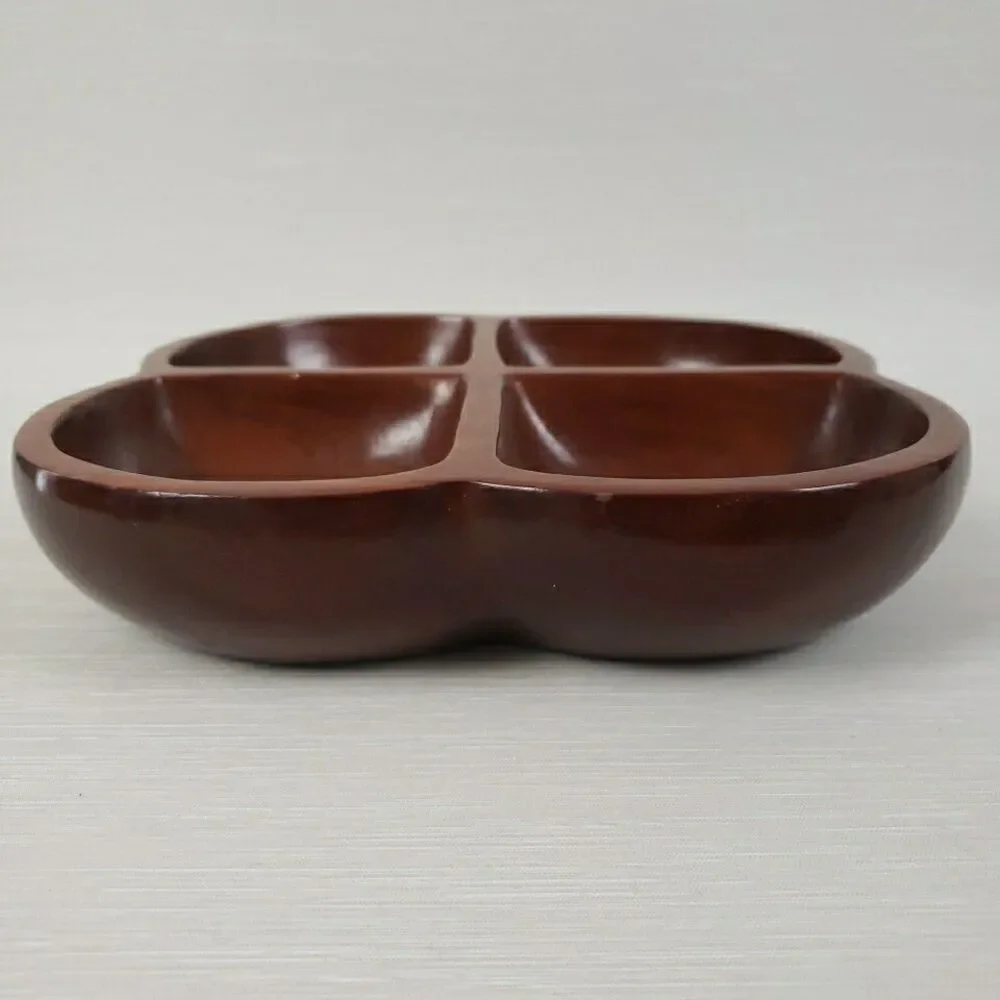 Carib Craft Lacquered Mahogany Divided Snack Nut Dish Serving Bowl VTG MCM